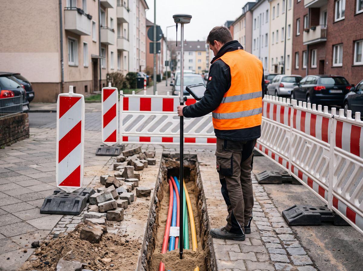 Vermesser dokumentiert die Trasse mit GPS-Stab über dem Graben
