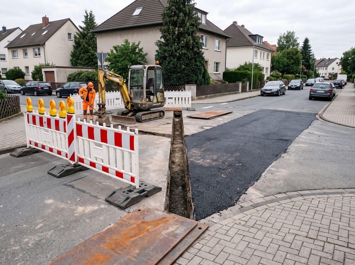 Schmaler Graben quer über eine asphaltierte Straße, halbseitig abgesperrt