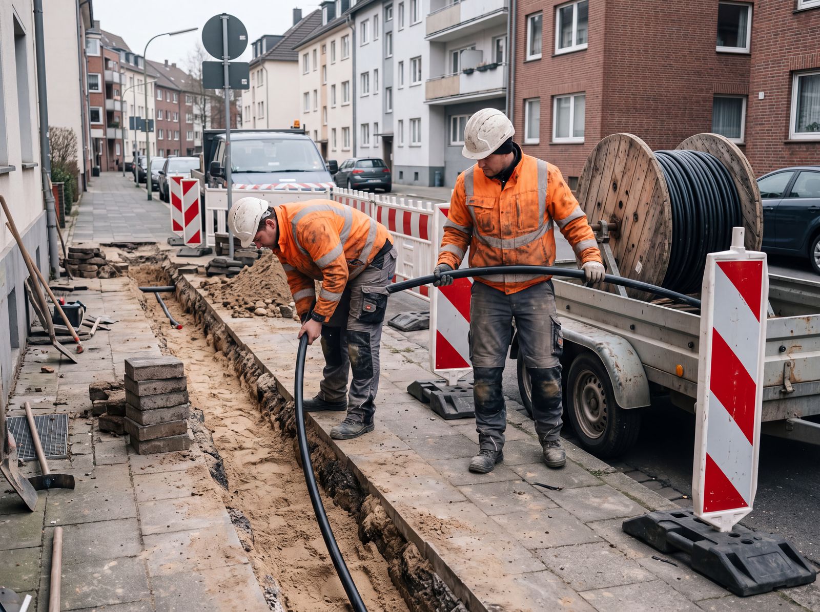Mitarbeiter verlegen einen schwarzen Mikrorohrverband von der Kabeltrommel